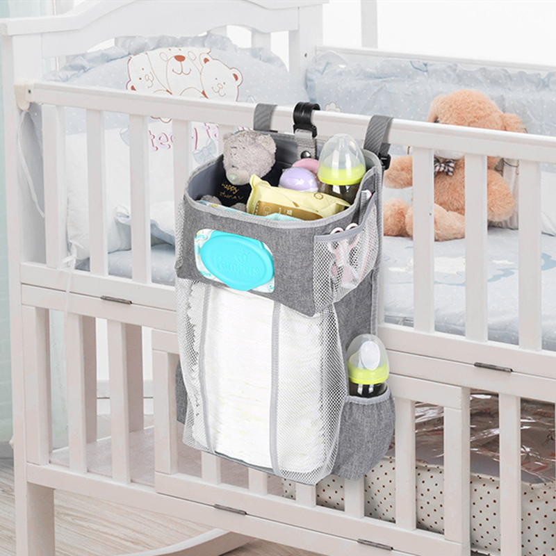 

Portable Baby Bedding Cloth Storage Rack Cradle Newborn Crib Bed Hanging Bag Inafnt Bedside Nappy Diaper Partition Organizer Bag, Gray