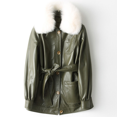 

2020 New Fashion Fur Collar Genuine Sheep Leather Jacket H2, Ink green