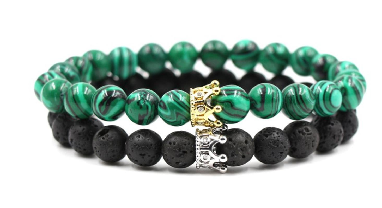 

8mm 2PCS/Set iju5 elastic adjusted nature black stone volcanic lava malachite micro pave cz zircon cubic zirconia Crown Bracelet