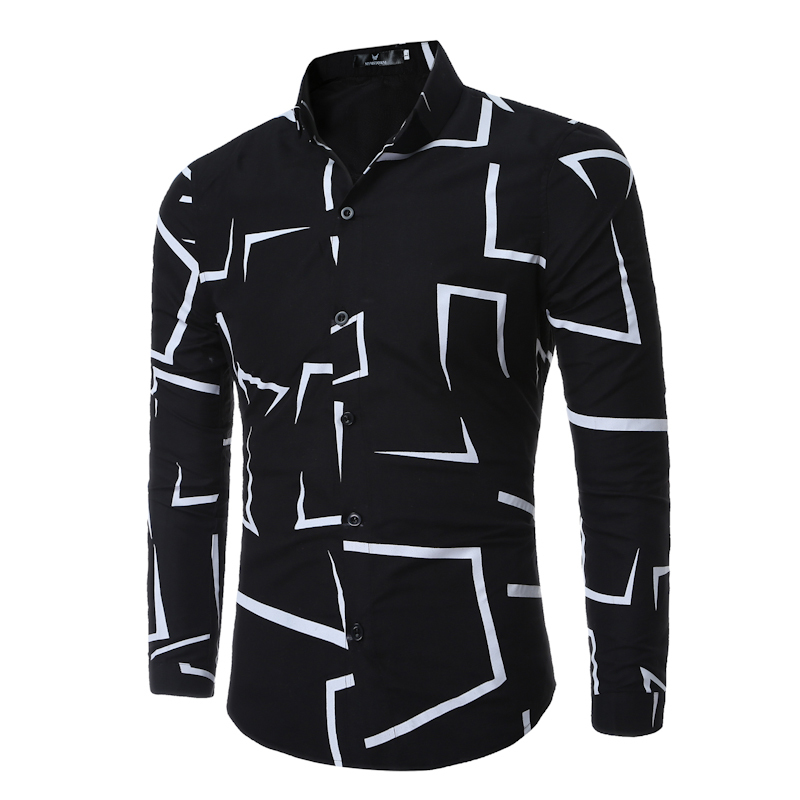 High Quality Men Shirt 2018 Brand Fashion Casual Slim Geometric Print Long Sleeve Shirt Men Business Social White Top Clothes MX200518