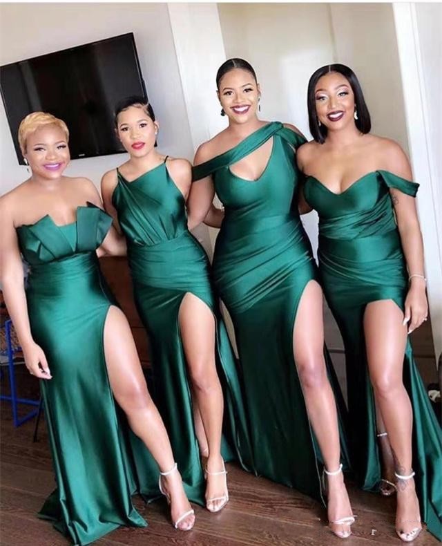 

2023 Bridesmaid Dresses African Sexy Hunter Dark Green Long Mermaid Side Split For Weddings Floor Length Satin Formal Maid of Honor Gowns