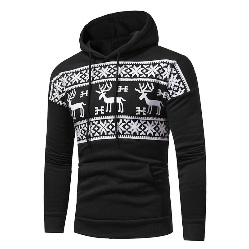 

Plus Size Christmas Shirt Men 2019 Autumn Hooded Sweatshirts Fashion Elk Deer Print Mens Hoodies Loose Streetwear Top Hot, Black
