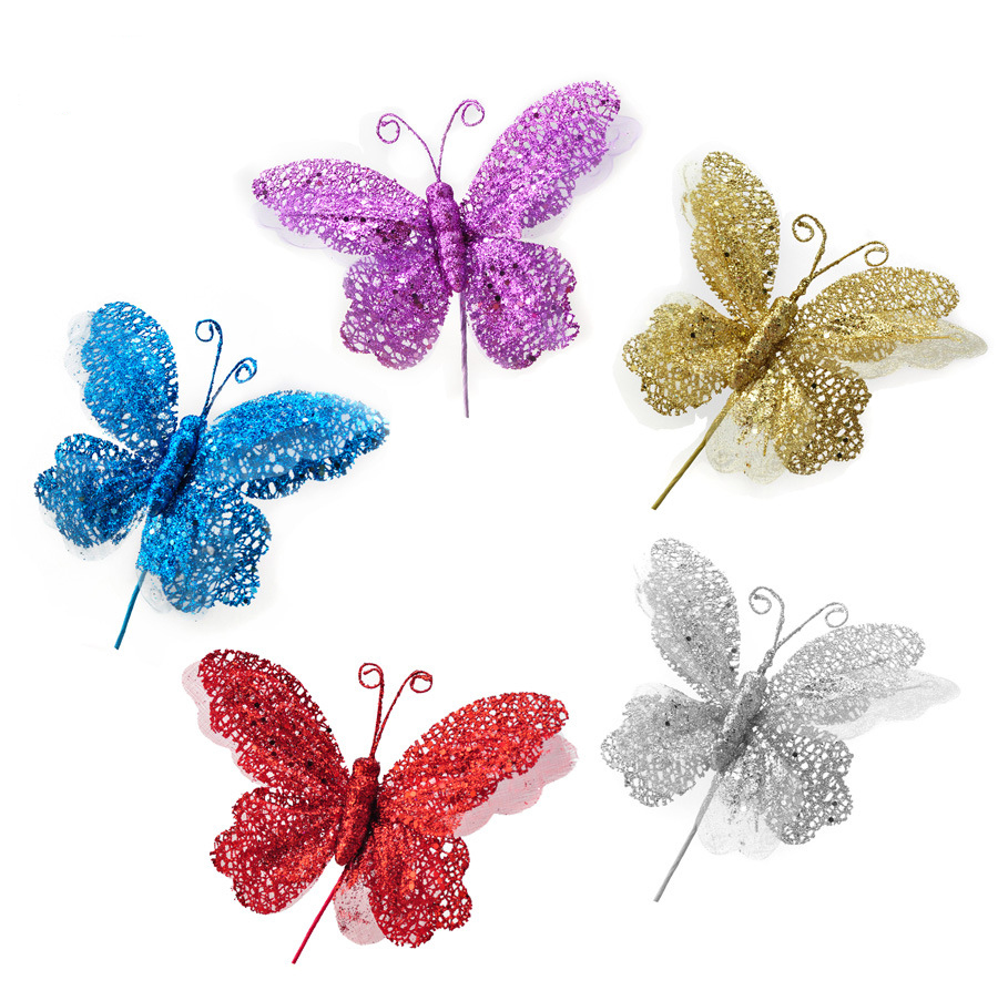 

5pcs Cuttings Artificial Butterfly Sequins Glitter Poinsettia Home Ornament Festival Christmas Tree Wedding Decor Party Supplies