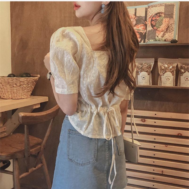 

New square Embroidery lace shirt Summer Tops femme Casual Women short sleeve Linen Cotton Girls Blouse Plus Size Women Blouses, Apricot