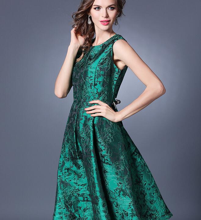 

Vintage Green Jacquard sleeveless women mini dresses A-line street style dresses knee-length no sleeve