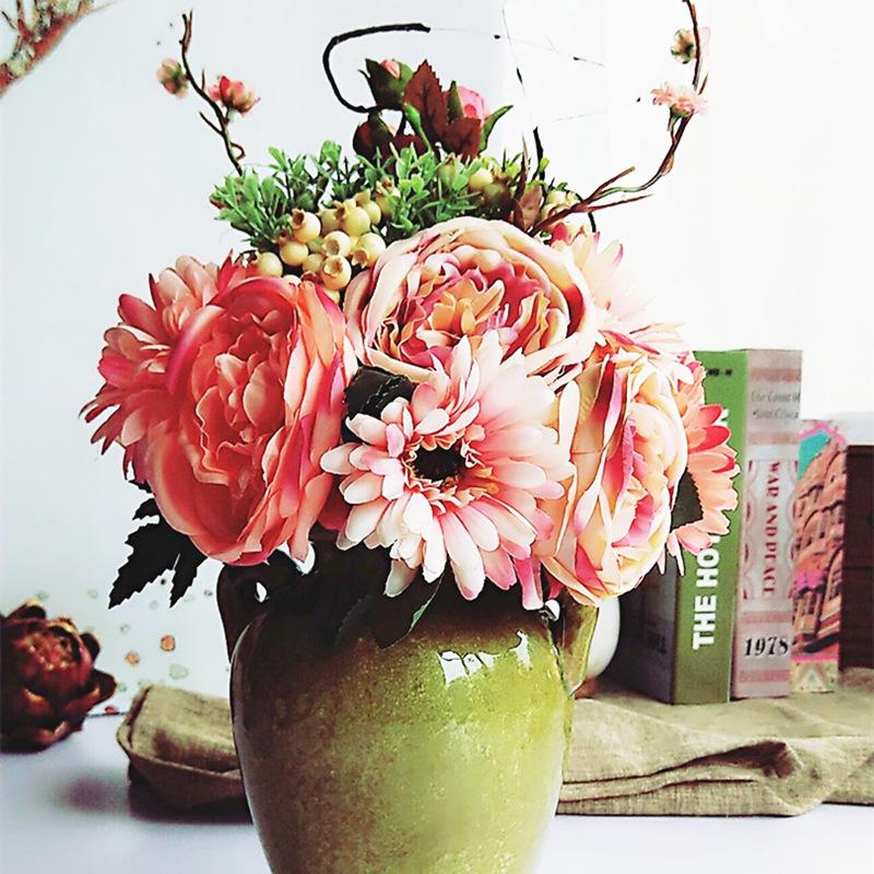 

1pc Artificial Flower 6 Head Simulation Flowers Rose and Gerbera Party Decor New Year Festival Party Fake Flower Decoration, Rose red