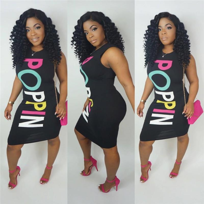 

Summer POPPIN Letters Dress Women Black Bodycon Dresses Sleeveless Vest O Neck Knee Length One-piece Skirt Beach Dress Clubwear 2XL, White