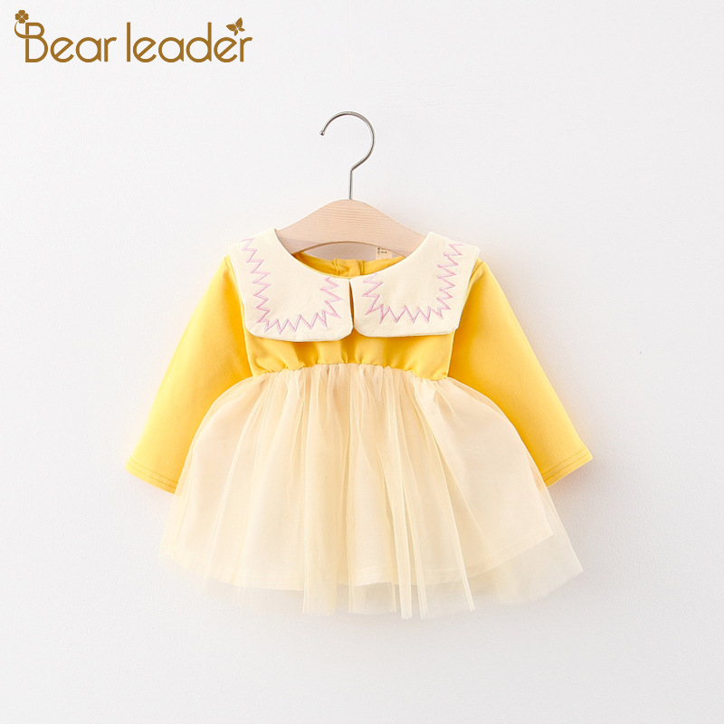 

Bear Leader Newborn Girl Autumn Long Sleeve Ball Gown Dress 2020 New Baby Girls Solid Mesh Patchwork Cute Princess Dresses 6-24M, Ah3060yellow