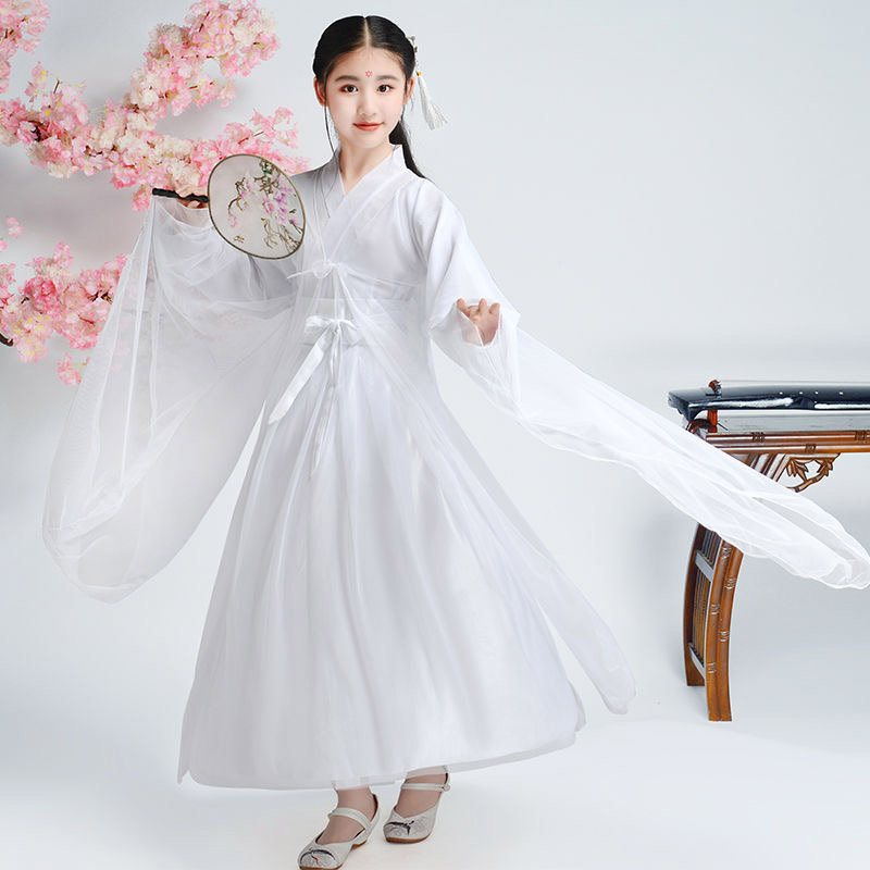 

Child Hanfu Chinese Style Ancient Costume Traditional Folk Dance Stage Performance Clothing Singers Princess Fairy Dress, White