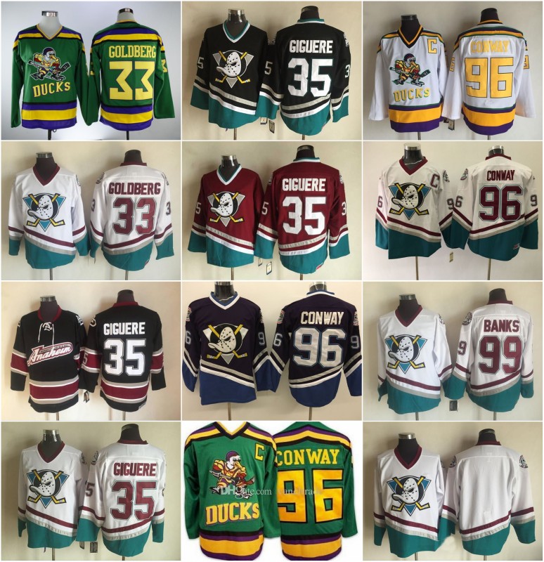 

Mighty Ducks Jersey 33 Greg Goldberg 35 Sebastien Giguere 96 Charlie Conway 99 Adam Banks Hockey Jersey The Anaheim Ducks Men Movie Jersey G