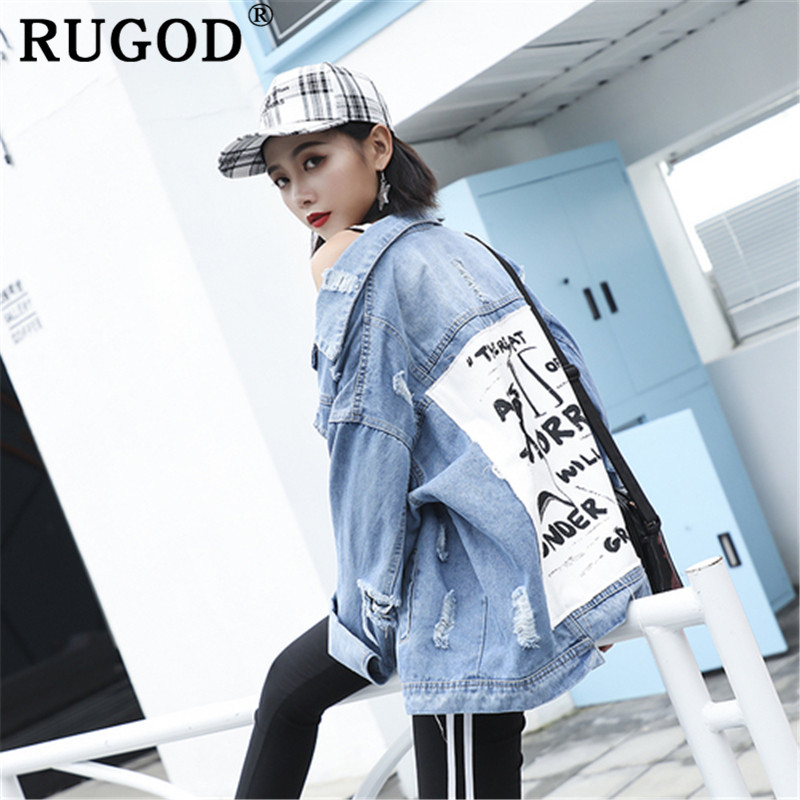 

RUGOD Fashion Chic Ripped Hole jeans jackets women Korean letter printed loose Frayed denim Jacket Female outwear Denim Feminine, Light blue