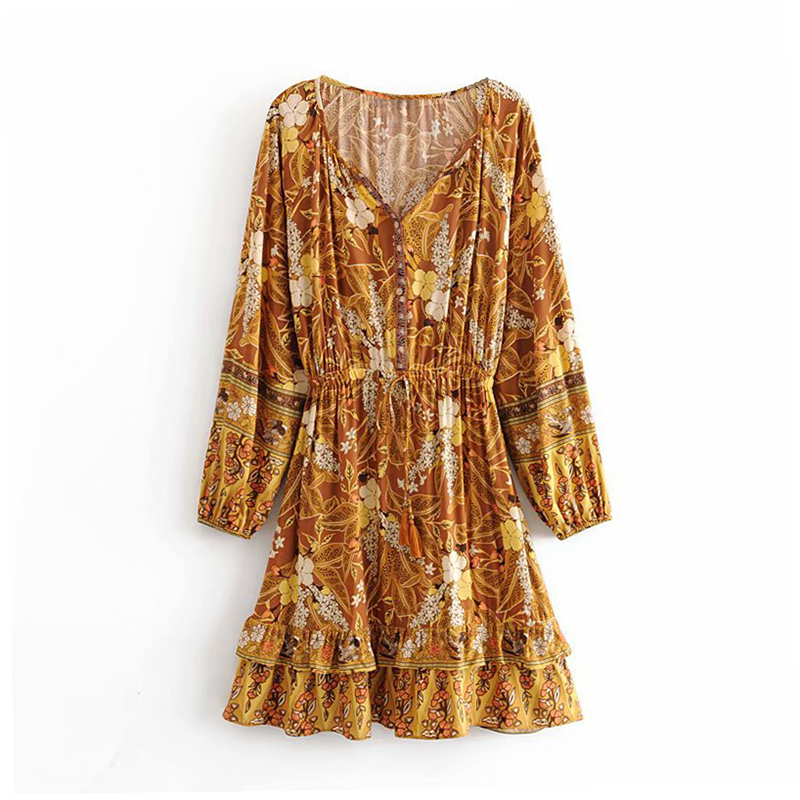

Boho Floral Print Mini Dress Lantern Long Sleeve V Neck Bud Ladies Dresses Elastic Waist Buttons Loose Sundresses Ropa Mujer, Orange