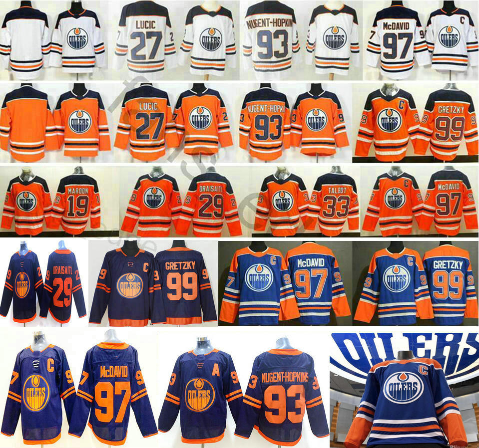 

Men Women Kids Edmonton Oilers Leon Draisaitl Ryan Nugent-Hopkins Wayne Gretzky 97 McDavid Blue White Orange Ice Hockey Jerseys, Black;red
