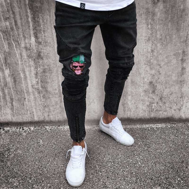Men's Jeans Stretchy Ripped Skinny Biker Jeans Cartoon Pattern Destroyed Taped Slim Fit Black Denim Pants 2020 New