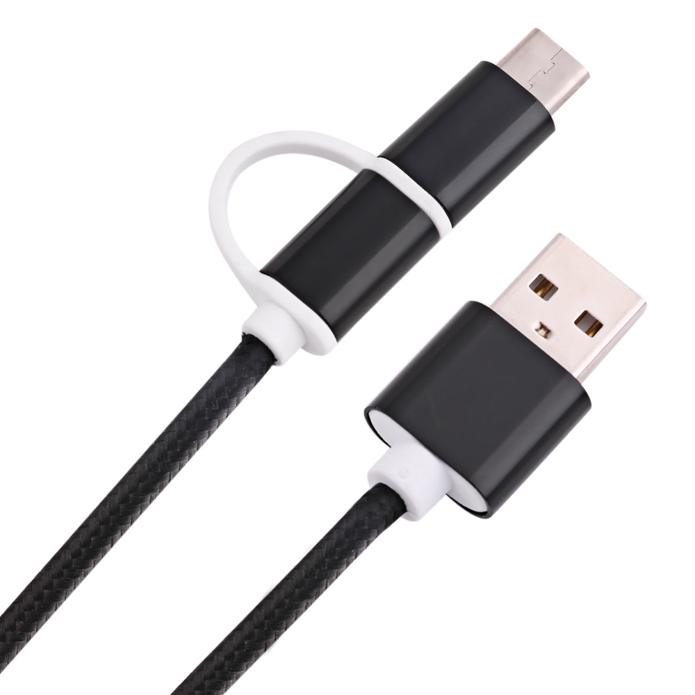 

2 in 1 Micro USB Nylon Braided Charge Cable with Type-C Adapter 1m, Black