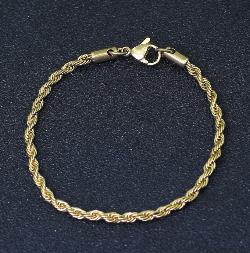 

Hip-hop 3mm 7 inch stainless steel twist Chain Braceletmen gold chains bracelets gold silver gift free shipping