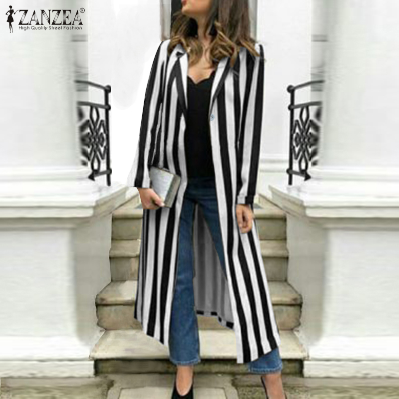 

2020 ZANZEA Women Summer Blouse Long Cardigan Spring Long Sleeve Turndown Collar Button Stripe Thin Tunic Shirt Tops Plus Size, Black