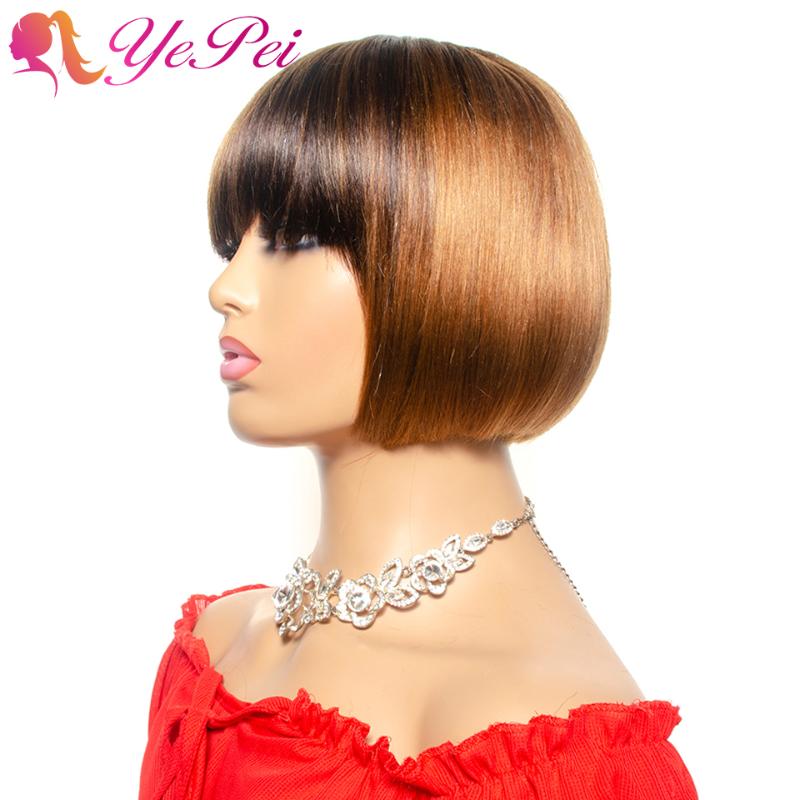 

Short Bob Wig With Bangs Brazilian Straight Human Hair Wigs Honey Blond Human Hair Full Wigs With Front Bang Yepei Remy, As pic