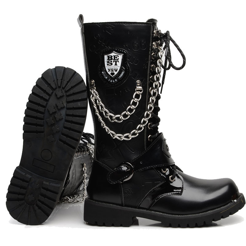 Fashion Mens Motorcycle Boots Lace Up Mens Shoes High Military Combat Boots PU Leather Winter High Top Men Shoes Plus Size 2.5