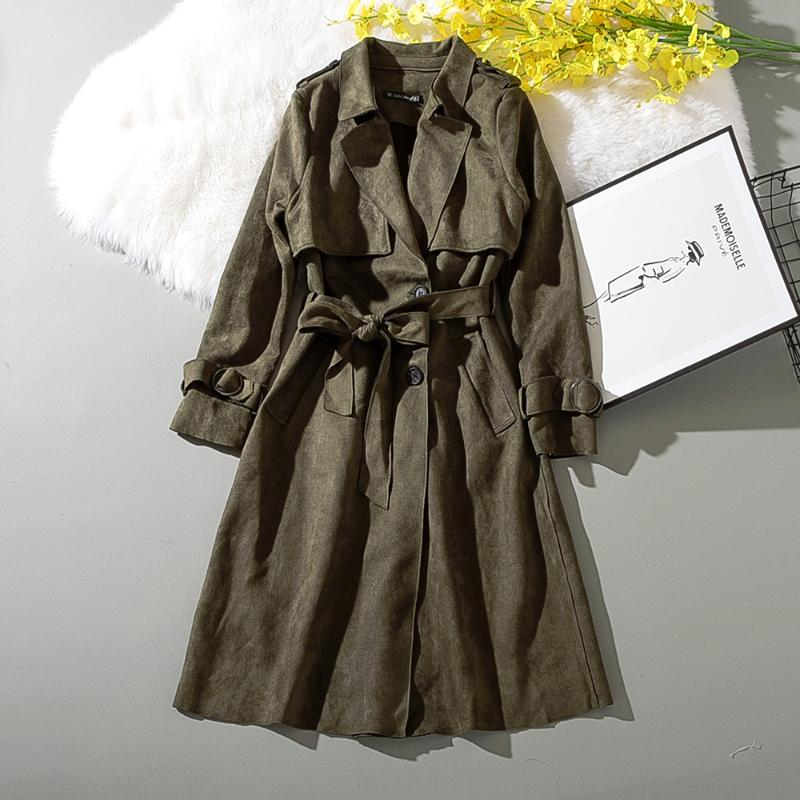 

Clearance Discount Suede Trench Women Fashion Belt Slim Turn Down Collar Long Spring Army Green Trench Coat For Woman