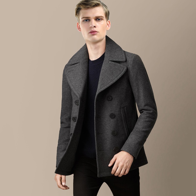

Naval Style Men Short Coat Long Sleeve Solid Color Double Breasted Half Waist Belt Casual Overcoat Wool Blend Outwear MSTS26, Black;brown