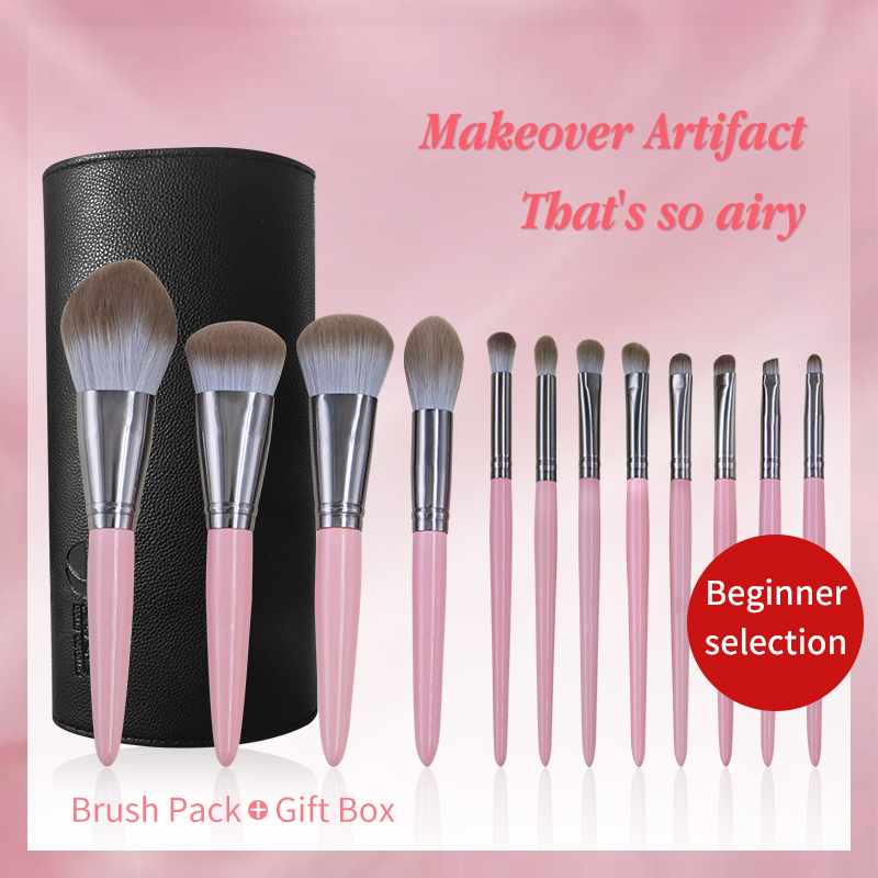 

12 Pieces 2020 Hot Selling Customize Wholesale Professional Pink and Sliver Wooden Handle Makeup Brushes Set