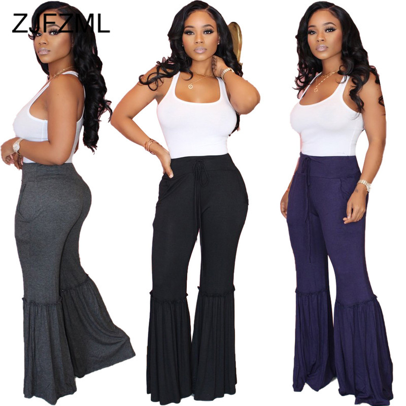 Taille haute Casual Bell Pantalon 2020 Femmes Fashion Push Up Plissé Pantalon long Spring Solid Couleur Solide Plus Taille Sweavant