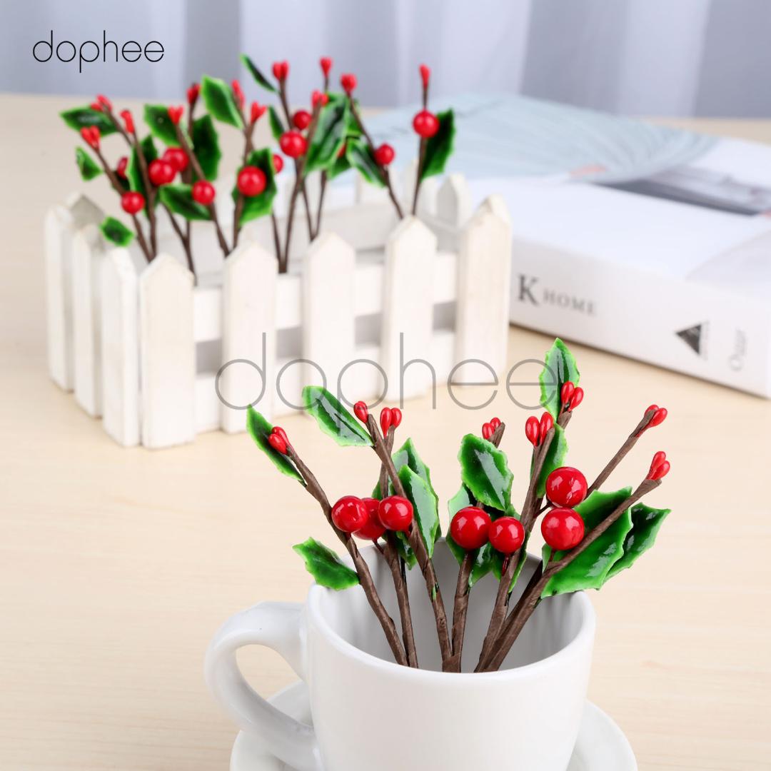 

dophee 10pcs Artificial leaves +Berry Branches 10cm Christmas Wedding Birthday Party Garden Decoration 2 Berries+3 Leaves, As pic
