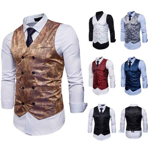 

Formal Print Dress Vests Coats For Men Slim Fit Sleeveless Jacket V-neck Coat Mens Formal Waistcoats Dress Bussiness Vest Coats, Black