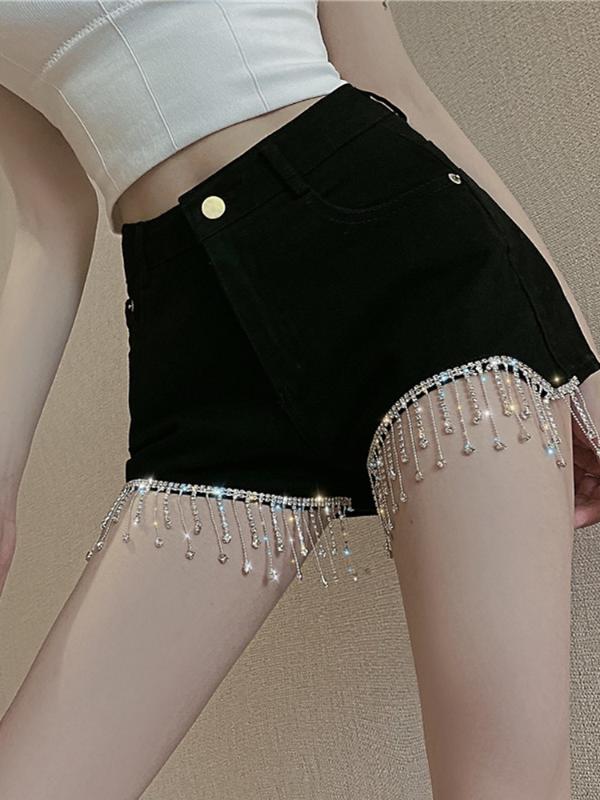 

Korean Summer New Black Slim Tassel Heavy-Duty Beading High-Waist Denim Shorts Women Jeans Shorts Fashion Streetwear 2020
