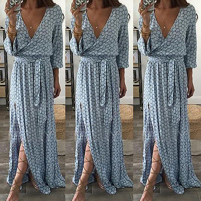 

Women Ladies Clothing Floral Print Long Sleeve Boho Dress Lady Summer Deep V Neck Party Long Maxi Dress Women, Blue