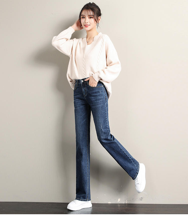 

Dark Blue Autumn Outfit New High Waist Width Leg Leisure Show Thin Mop The Floor Long Pants