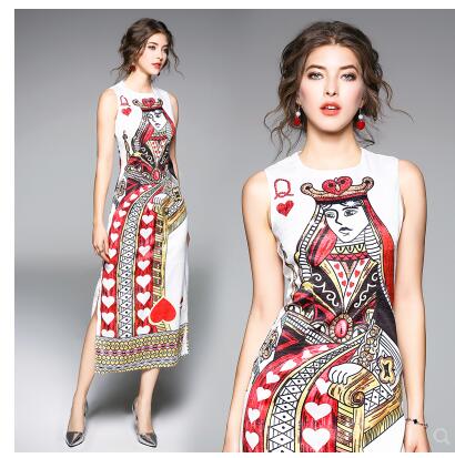 

2020 new design women' o-neck sleeveless summer style playing cards print side vent jag maxi long dress plus size  M L XL, As pic dress