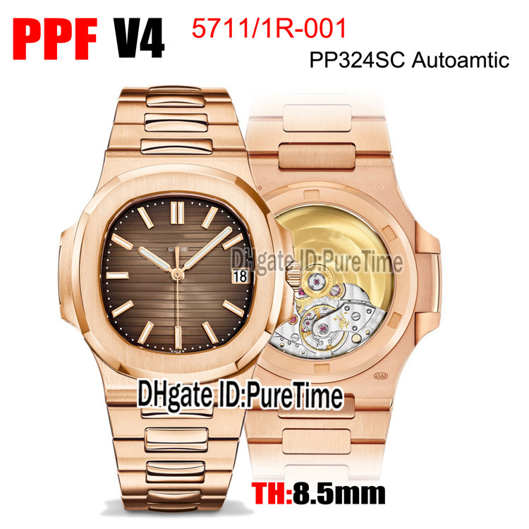 

PPF 5711-1R-001 CAL A324SC Automatic Mens Watch 18K Rose Gold Brown Texture Dial Stainless Steel Bracelet Best Edition Puretime PTPP c3, Camel