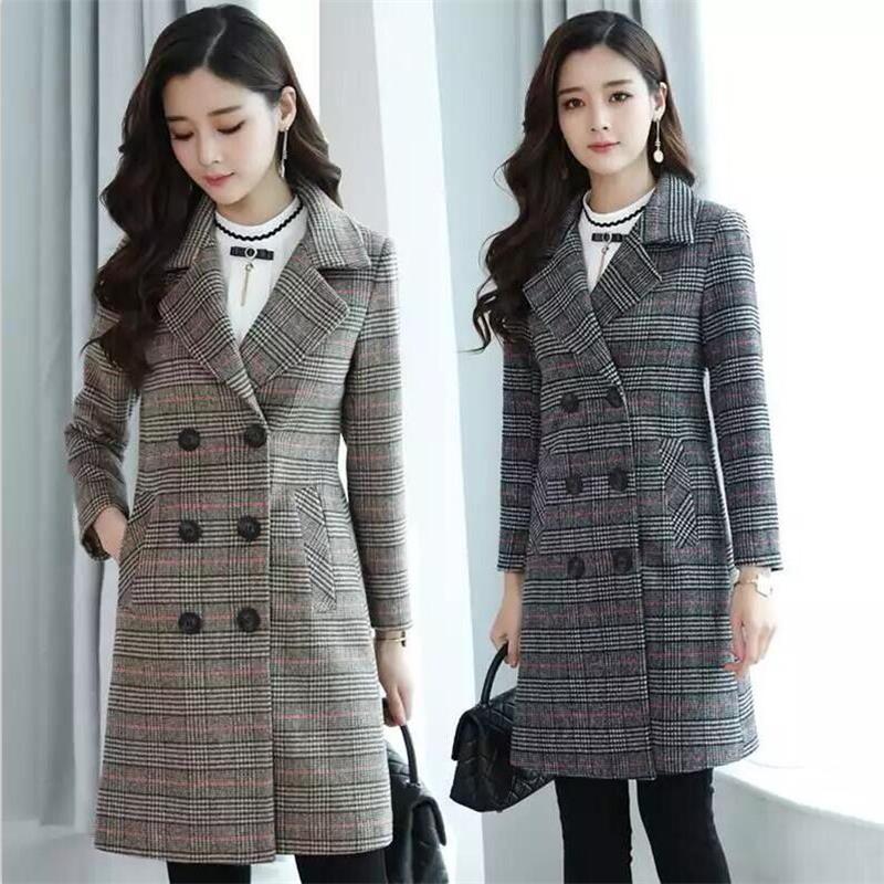 

2019 Autumn Women' Wool Plaid Coat Fashion Long Woolen Coat Slim Type Female Winter Wool Jackets Female Outwear Large size 6XL, Colour 1