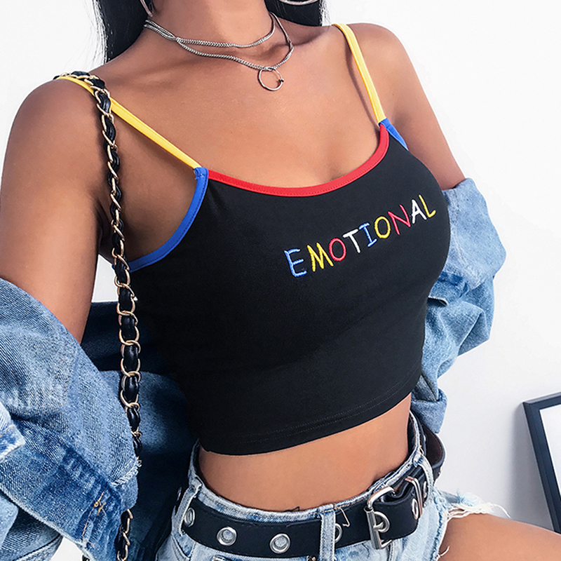 

Februaryfrost Summer Women EMOTIONAL Letter Embroidery Crop Top Sexy Ladies Spaghetti Strap Elastic Camisole Tank Tops, Black