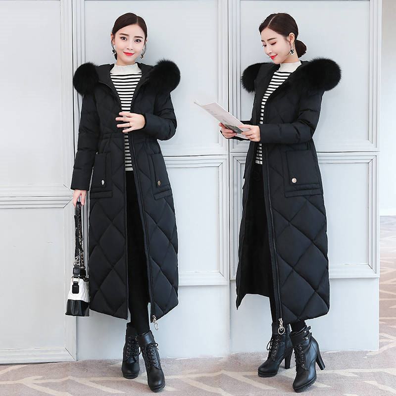 

2019 New Winter Women Thicken Warm Down Long Coats Large Real Fur White Duck Down Collar Jacket Loose Hooded Parkas Top C162, Army green