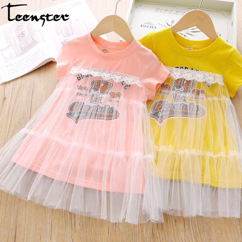 

Cute Korean Cartoon Letter Little Girls Clothes Mesh Short Sleeve Princess Dress Baby Kids Costume Summer Children Clothing, Q31137-2