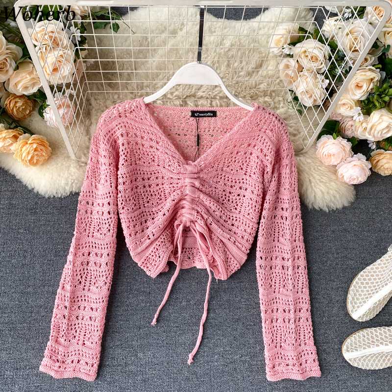 

Woherb Hollowed-out Knitwear See Through Top Summer Blouse Women 2020 New Drawstring Pleated Blouses Slim Long-sleeve Shirt25786, Black