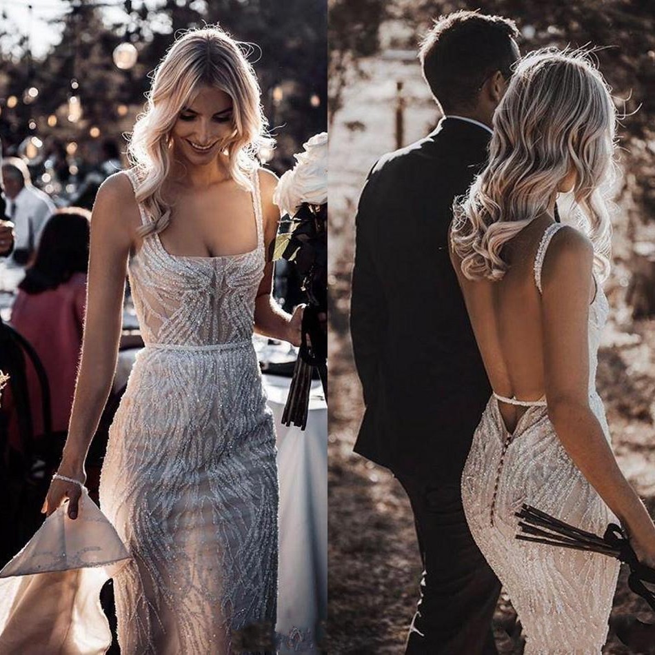 

Luxurious 2020 Berta Boho Mermaid Wedding Dresses Lace Sequins Beads Sexy Backless Beach Wedding Dress Sweep Train Boho Vestidos De Novia, Red