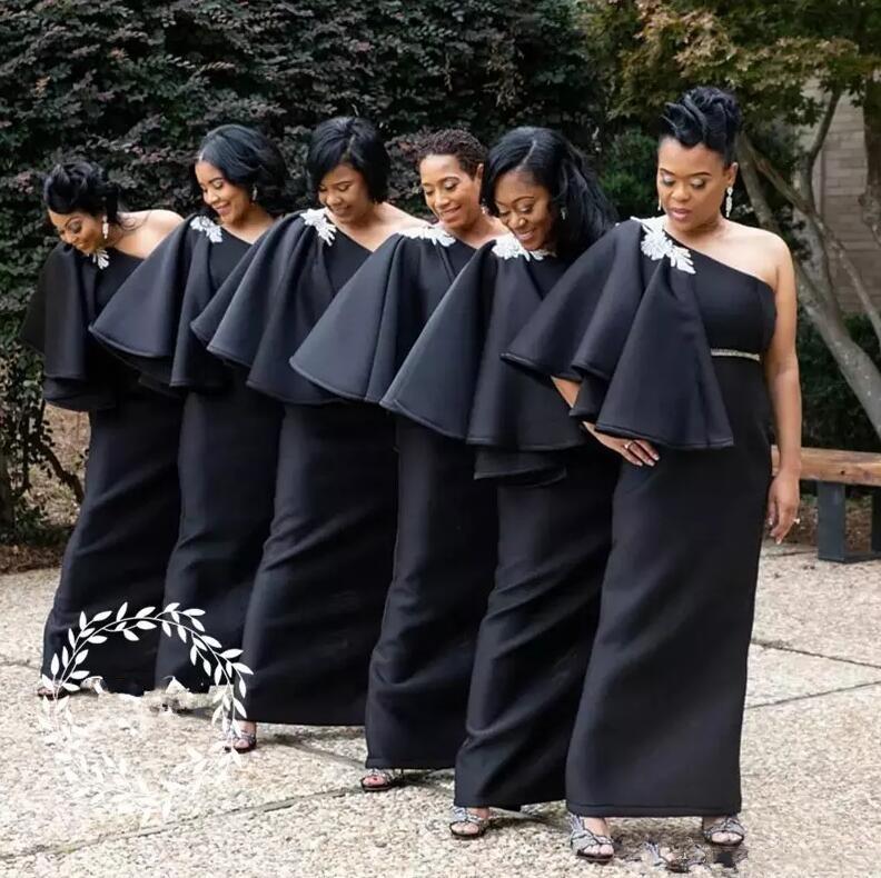 2019 Black Column African Bridesmaid Dresses Satin Appliques Beads One Shoulder Sash Floor Length Plus Size For Wedding Maid of Honor Gown