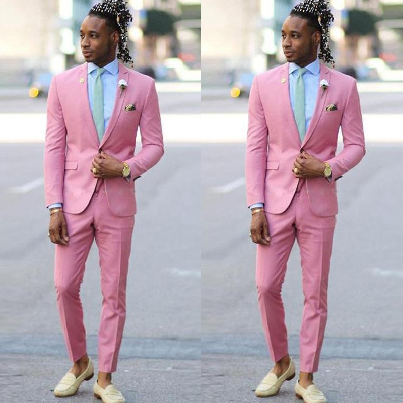 

Pink Men Suits Slim Fit Wedding Tuxedos Men Groom Suits Notched Lapel One Button Prom Party Business Blazer (Jacket+Pants, All white