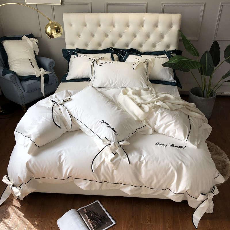

New Egyptian cotton bedding set beige gray pink Bow duvet cover soft bed sheet bedspread fitted sheet set parure de lit, Bedding set 11