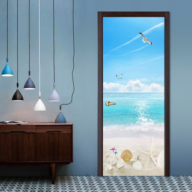 

Blue Sky White Clouds Beach Seascape 3D DIY Door Sticker PVC Mural Wallpaper Modern 3D Room Door Poster Sticker Mural Home Decor, Multi