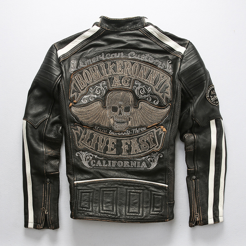 

Fashion Punk 2020 Style Vintgae Motorcycle Men Cowskin Genuine Leather Jacket Black Slim Skulls Embroidery Biker Coat