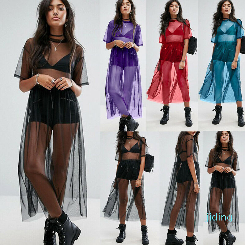 Wholesale-Sexy Chiffon Womens Beach Cover Ups Black See Through Mesh Dress Sheer Maxi Cover Up Tulle Lace Beachwear Female Swimsuit-image-551206420