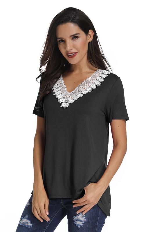

Women' Short Sleeve T Shirt Loose Shirt Top Lace V Neck, Black