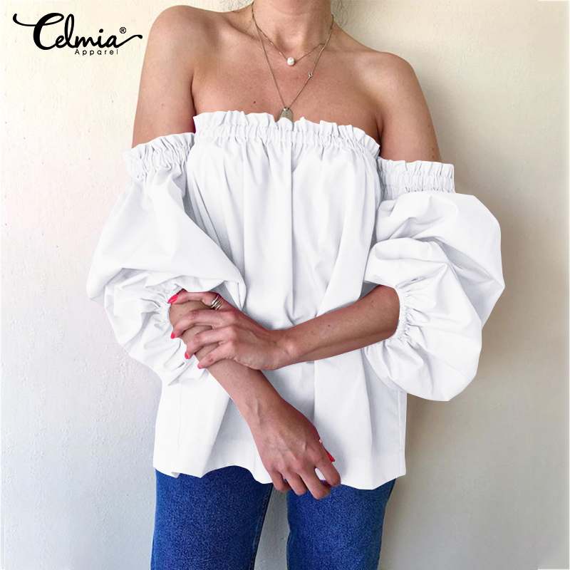 

Sexy Off Shoulder Women' Blouses Celmia Elegant Office Shirts 2020 Fashion Summer Lantern Sleeve Casual Tops Solid Party Blusas, Black