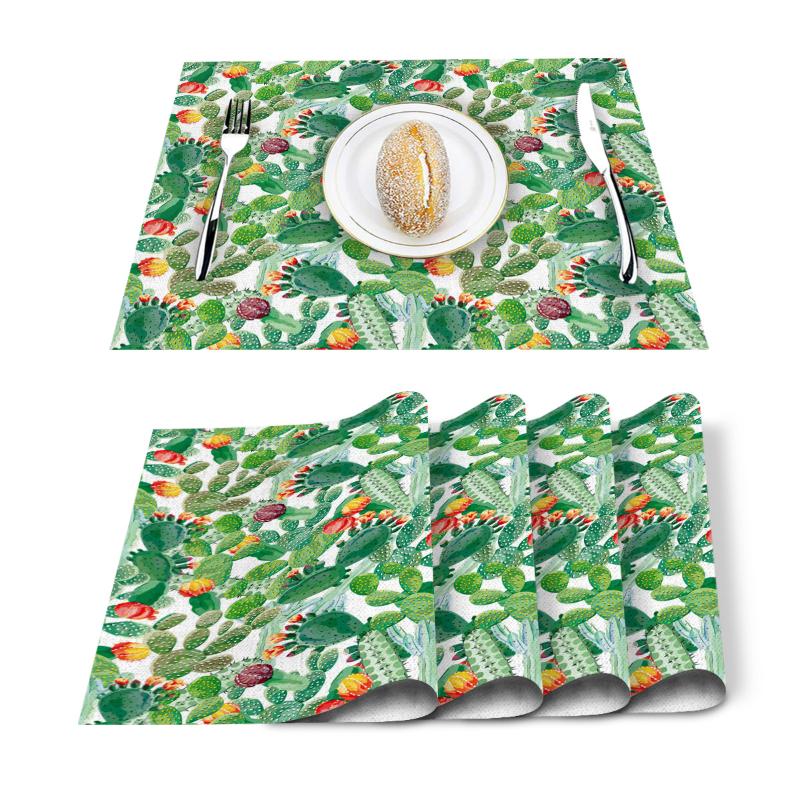 

4/6 Pcs Placemat Table Mat Watercolor Plant Cactus Printed For Tables Heat-insulation Linen Cotton Kitchen Dining Pads Set