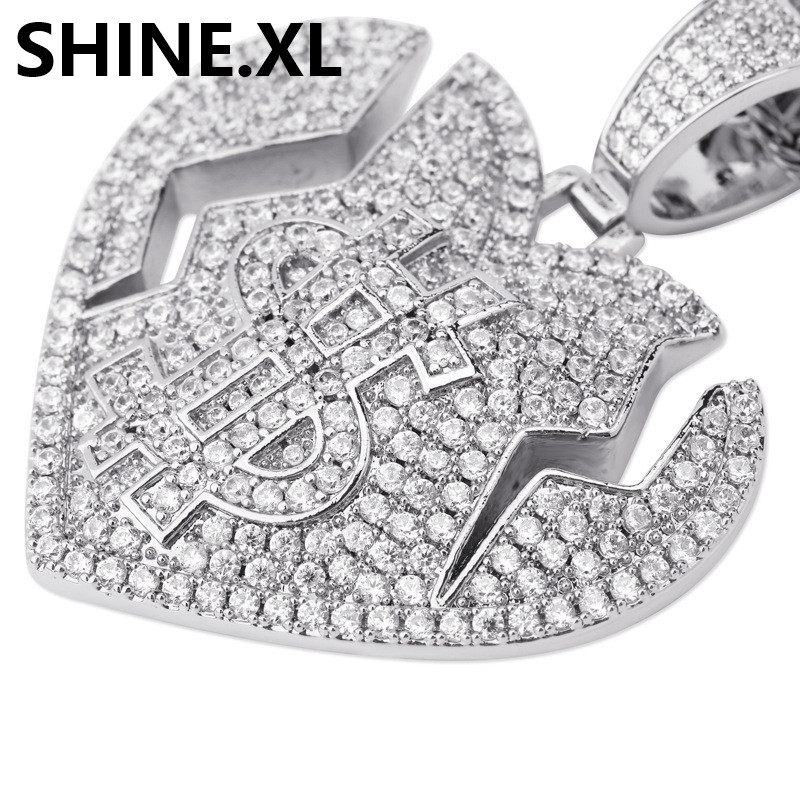 

Hip Hop Mens Gold Chain Dollar Sign Broken Heart Necklace Pendant Iced Out Lab Diamond Bling Jewelry, Silver